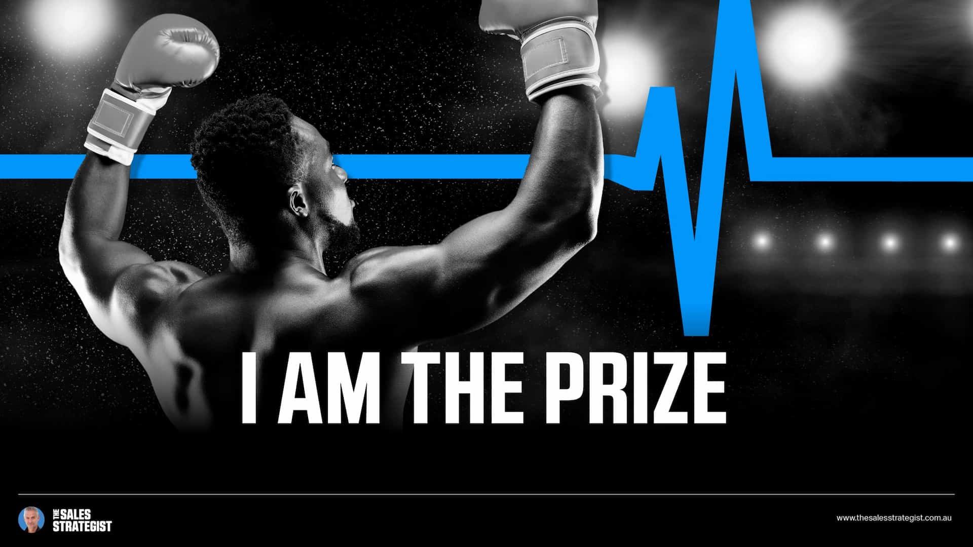 A black and white image of an African American boxer with a blue line behind him representing a heart line with a title 'I am the prize'